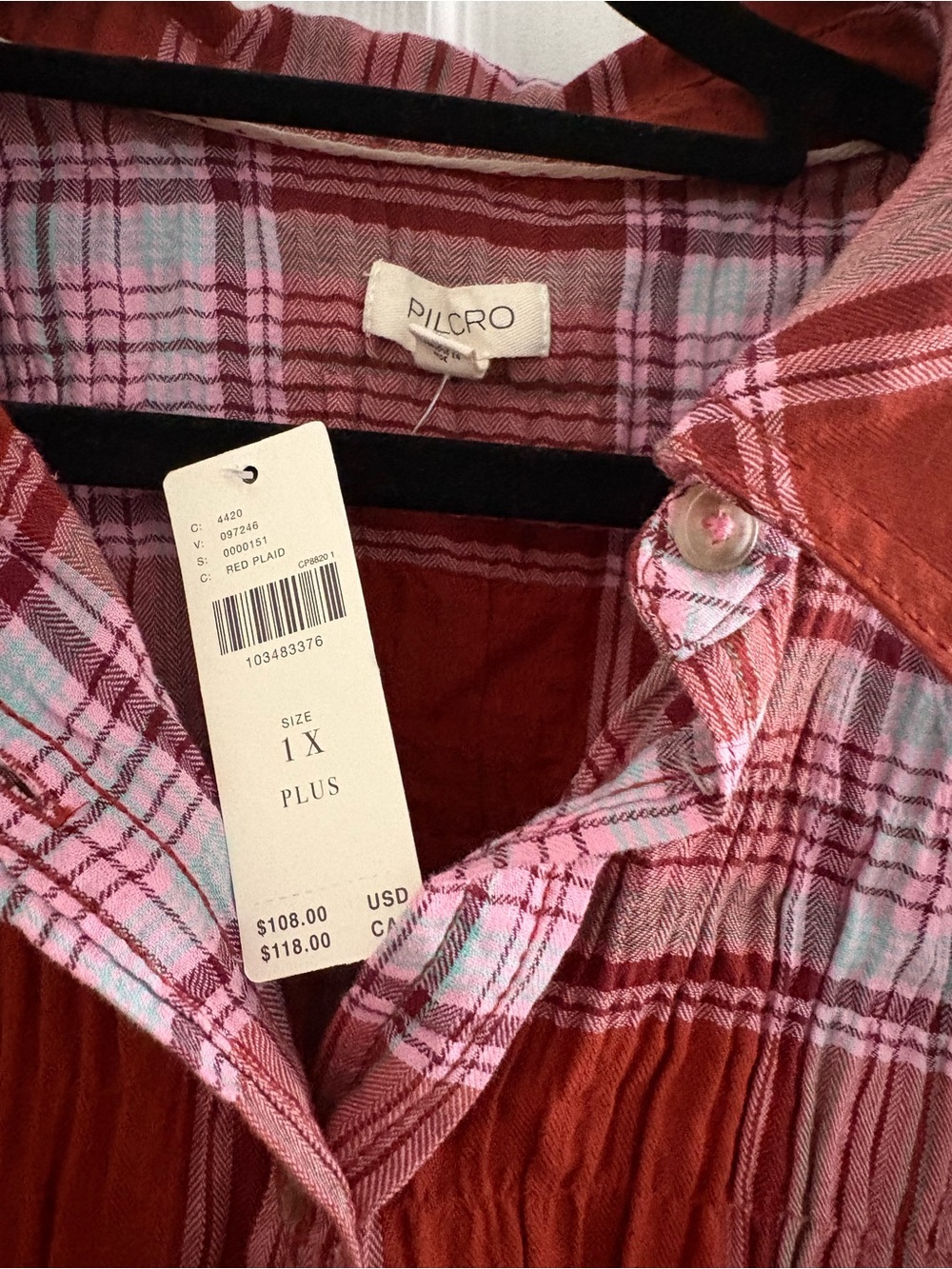 Pilcro Pink and Red Plaid Button-Up Shirt - Picture 3 of 6